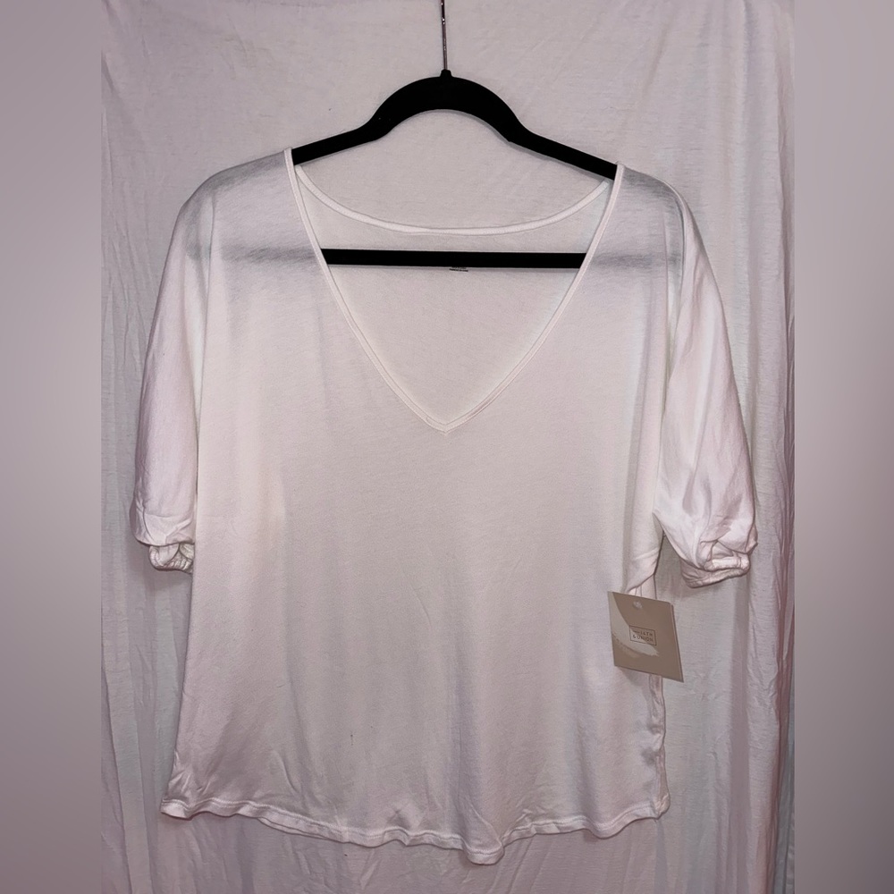 NWT 14th & Union White V Neck Shirt Puff Sleeves